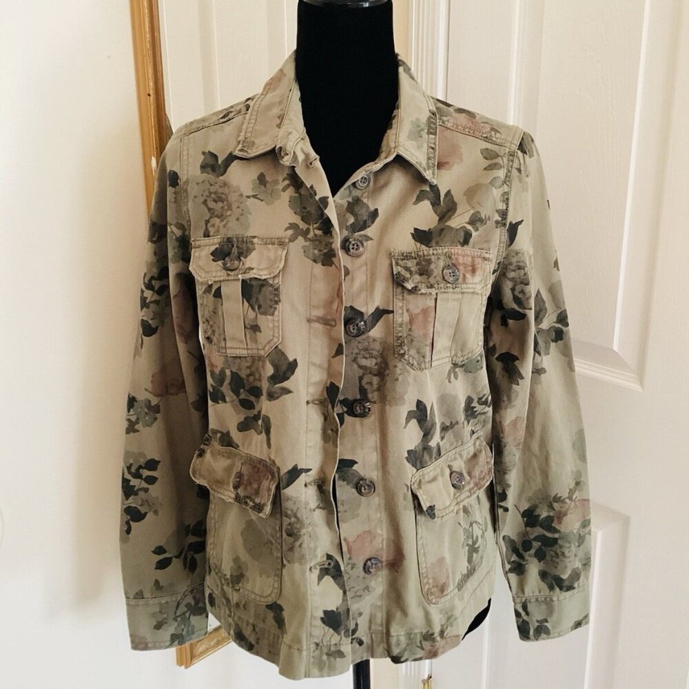 Maurices Women's Rose Floral Button Army Green Utility Jacket Size Small Y2K